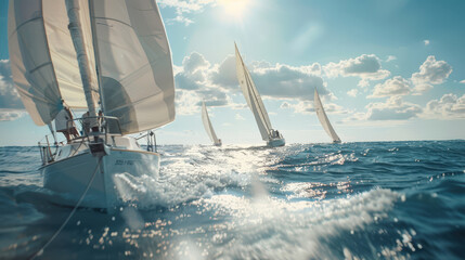 Sailing. A sports competition. A group of sailboats is racing across the ocean. The sailboats are white and move quickly through the water