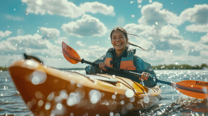Kayaking and canoeing. A happy woman is kayaking on the lake with a smile on her face. She's wearing a life jacket and has an oar in her hands. A sports competition
