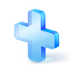Plus sign cross symbol crystal transparent glass. 3D icon isolated on white background. Vector illustration for graphic design, Ux design.