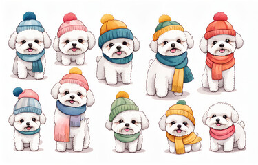 Cartoon Bichon wearing hats and necklaces,Bichon
，Duoge Comics. Multi grid emoticons, multiple animal avatars and expressions