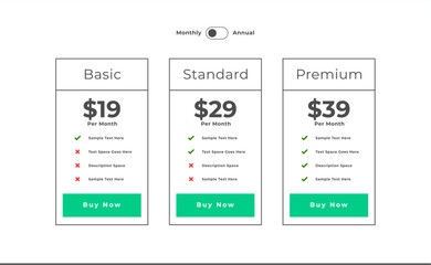 three column pricing table template for web tariff or menu