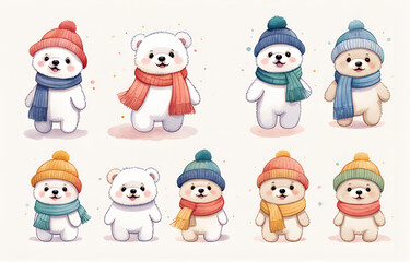 Cartoon polar bears wearing hats and necklaces,litele bears ,Duoge Comics. Multi grid emoticons, multiple animal avatars and expressions