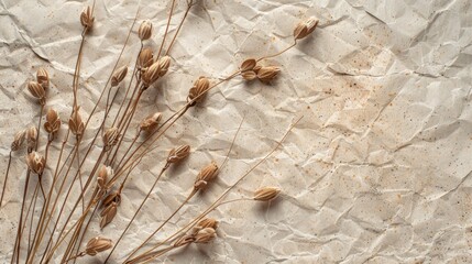 Paper background with dried flax plant capsules on textured surface