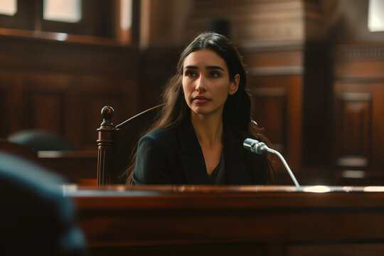 Woman speaks in court of law and justice concept