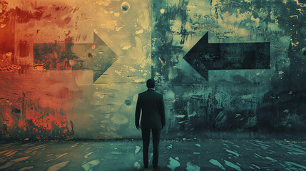 A man stands facing a decision represented by two arrows, one pointing left and one pointing right, against a grunge wall background.