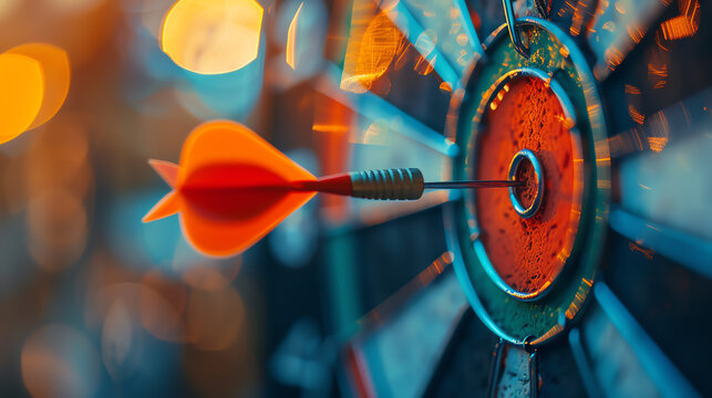 Close-up of a dart hitting the bullseye on a dartboard, capturing the moment of precision and focus with vibrant colors and a blurred background.