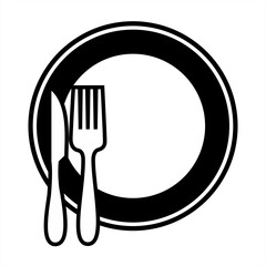 Fork, knife and plate icon model. Editable menu logo of cutlery. Tableware vector illustration with white background