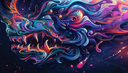 Colorful Dragon's Head with Bared Teeth and Outstretched Wings in Dark Background