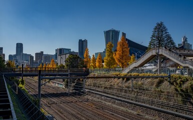 Train tracks near Olympic Stadium area Tokyo Japan