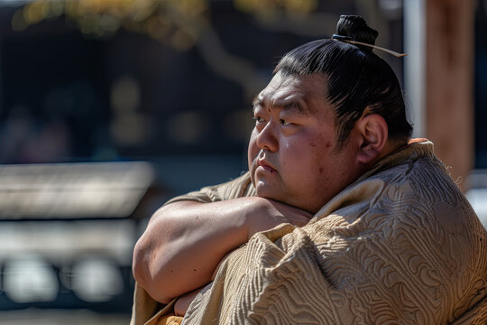 A sumo wrestler taking a break, sitting and relaxing in a moment of calm and introspection, contrasting with the intense physical demands of the sport