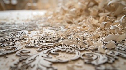 Close-up of intricate laser etching on MDF board with fine wood shavings, showcasing detailed craftsmanship.