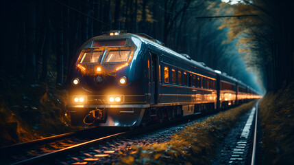 Obraz premium Vintage Train Gliding Through a Dark Tunnel with Warm Lights