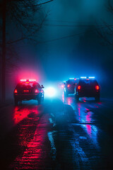 Dramatic night scene of police cars with flashing lights chasing a vehicle through a foggy background, evoking a sense of urgency and pursuit