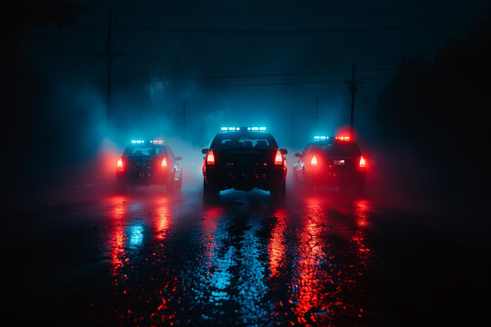 Dramatic night scene of police cars with flashing lights chasing a vehicle through a foggy background, evoking a sense of urgency and pursuit
