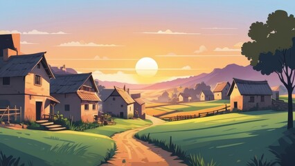 Simple village view with dawn in the background, Ai generated