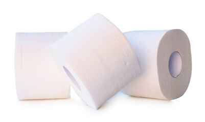 Side view of three tissue paper rolls or toilet paper in stack isolated with clipping path and shadow in png file format