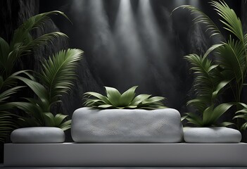 Naklejka premium Podium exotic splay concrete Cosmetic 3D beauty dark Jungle Rock template trendy promotion Nature stone product pedestal mockup leaf palm background render Gray set podium dais