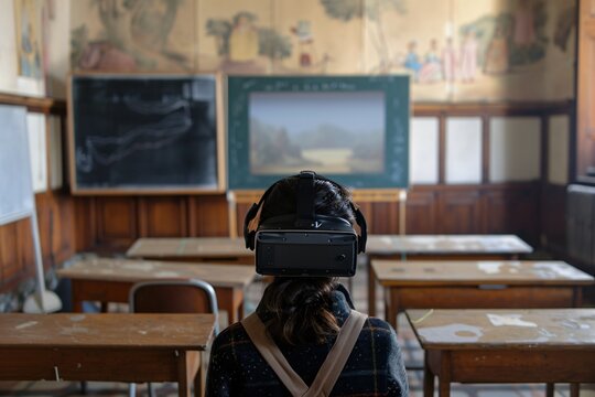 Student explores educational content through immersive virtual reality technology in a traditional classroom setting. Blending past and future for enhanced learning.