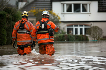 Rescue teams assessing and responding to flood-damaged property, providing aid and support in the aftermath of a natural disaster