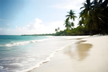 Obraz premium Close-up of soft sand on a tropical beach on a sunny day, with a blurry sea and coconut palm in the background. This idyllic scene captures the essence of a perfect holiday destination.