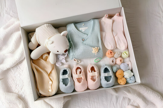 Box with baby stuff and accessories for newborn on bed. Gift box with knitted blanket, clothes, socks, shoes and toy. Baby shower concept. Flat lay, top view