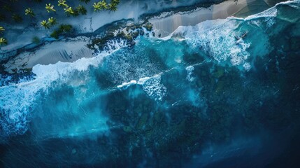 Fototapeta premium Aerial view of turquoise waves crashing on a tropical beach lined with palm trees, creating a stunning paradise scene.