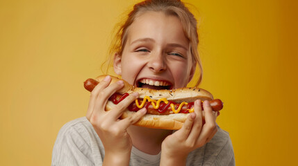 Hot dog day. A young beautiful sweet teenage girl is going to eat a huge delicious hot hot dog with mustard and ketchup on a yellow background. She is happy and enjoying her meal