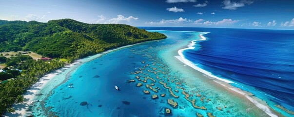 Obraz premium Aerial view of a tropical beach with crystal-clear turquoise waters, coral reefs, and lush green hills under a vibrant blue sky.