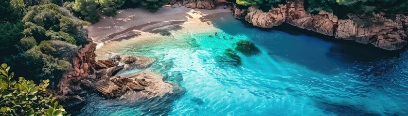 Obraz premium A stunning aerial view of a tranquil, turquoise cove surrounded by lush greenery and rocky cliffs on a sunny day.