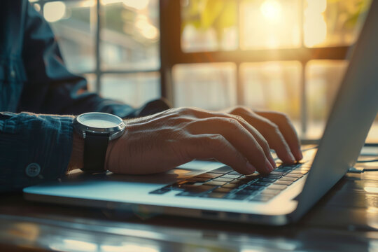 businessman typing on a laptop computer. close up of hands with fingers working on the keyboard in an office room