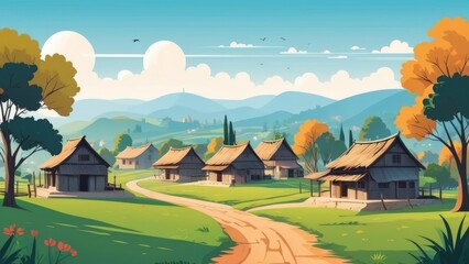 Simple village view with daytime background, Ai generated