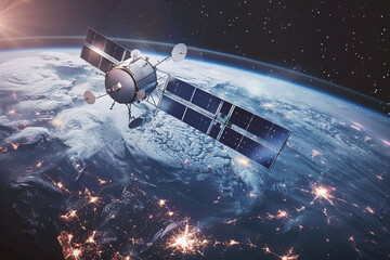 Futuristic space satellite orbiting above the planet Earth, representing advanced technology, communication, and exploration