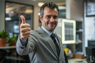Confident businessman in an office setting giving a thumbs up gesture, signaling approval, success, or a positive outlook
