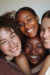 Three diverse happy young women with different skin tones smiling and embracing each other