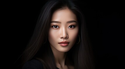 Fototapeta premium young Asian woman against a sleek black backdrop 
