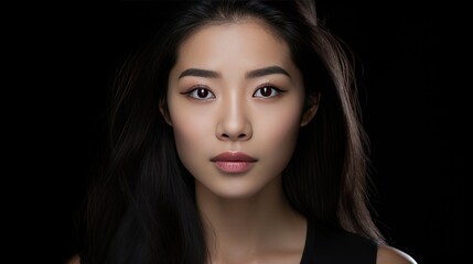 Fototapeta premium young Asian woman against a sleek black backdrop 