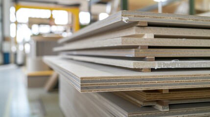 A stack of MDF boards with various finishes is displayed in a modern studio, showcasing design options.