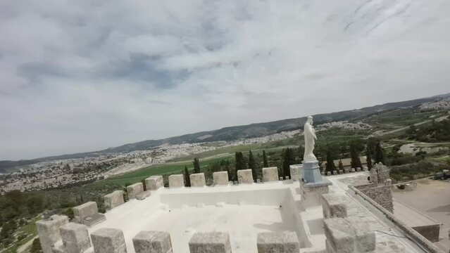 Aerial FPV video over Beit Jamal Catholic Monastery, Israel The landmark is located near Beit Shemes