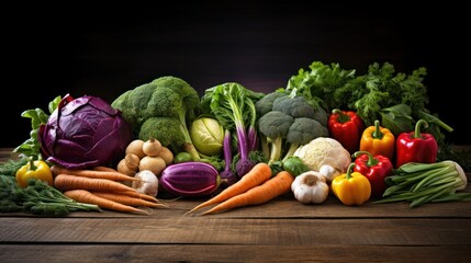 close-up of colorful organic vegetables arranged on a rustic wooden table