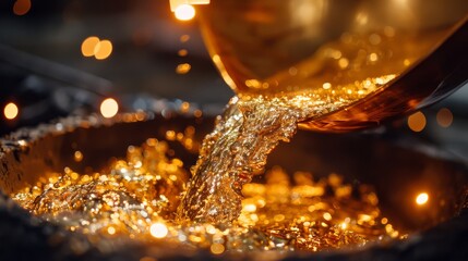 Obraz premium Molten metal flows out of the bucket. Soft focus