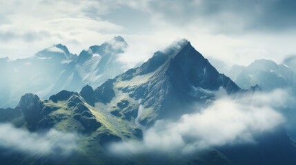 Fototapeta premium a misty mountain range shrouded in a veil of clouds,