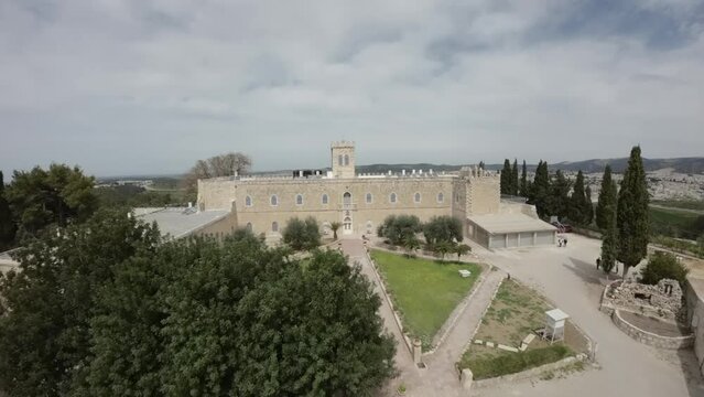 Aerial FPV video over Beit Jamal Catholic Monastery, Israel The landmark is located near Beit Shemes