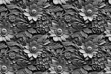 3D floral seamless pattern with black and white theme, ready for full-print pattern design