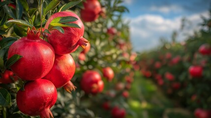 Obraz premium A detailed close-up shows several ripe pomegranates hanging from a branch, their skins glowing in the sunlight