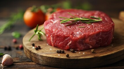An appetizing raw beef steak, garnished with rosemary and black pepper, sits atop a cutting board, ready for culinary transformation