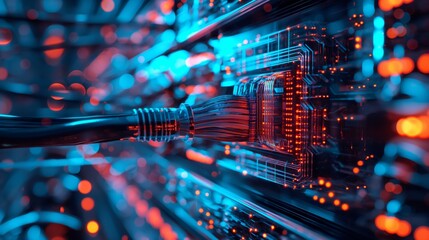 An Ethernet cable is securely plugged into a port, illuminated by vivid blue and red lights, representing robust data transfer.