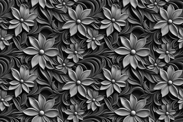 3D floral seamless pattern with black and white theme, ready for full-print pattern design