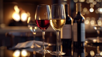 Two glasses of wine, red and white, toast against a backdrop of soft focus ambiance, inviting a romantic evening.