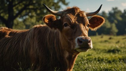 Cow in the green meadow in beautiful sunshine, copy space, open mouth, funny animal banner.