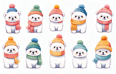Cartoon polar bears wearing hats and necklaces,litele bears ,Duoge Comics. Multi grid emoticons, multiple animal avatars and expressions